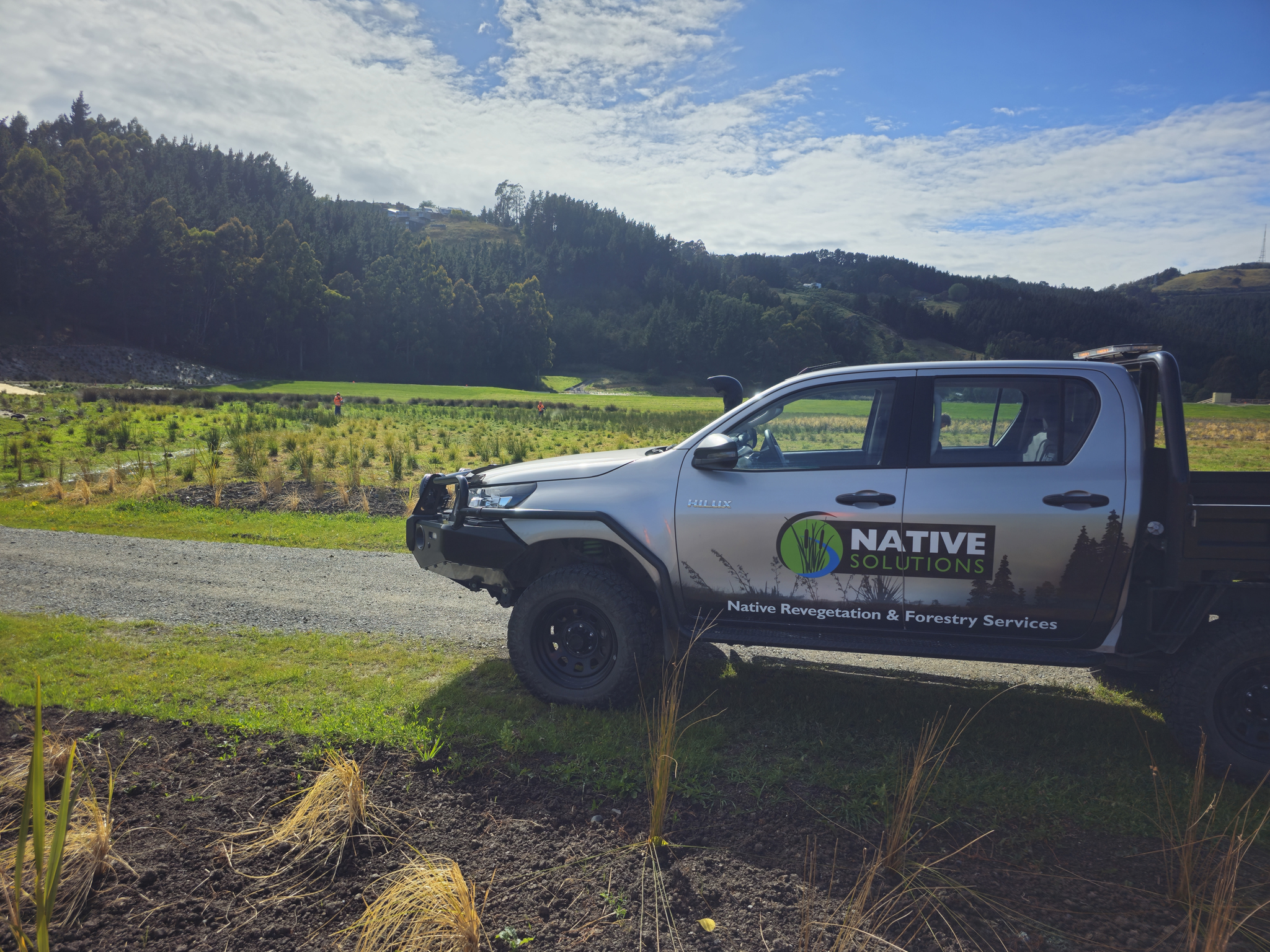 Native Solutions vehicle showcasing forestry and landscaping services amidst the picturesque landscapes of Marlborough, South Island, Canterbury, Christchurch, Kaikoura, West Coast, Otago, Auckland, Tauranga, Bay of Plenty, Wellington, Waikato, and Nationwide